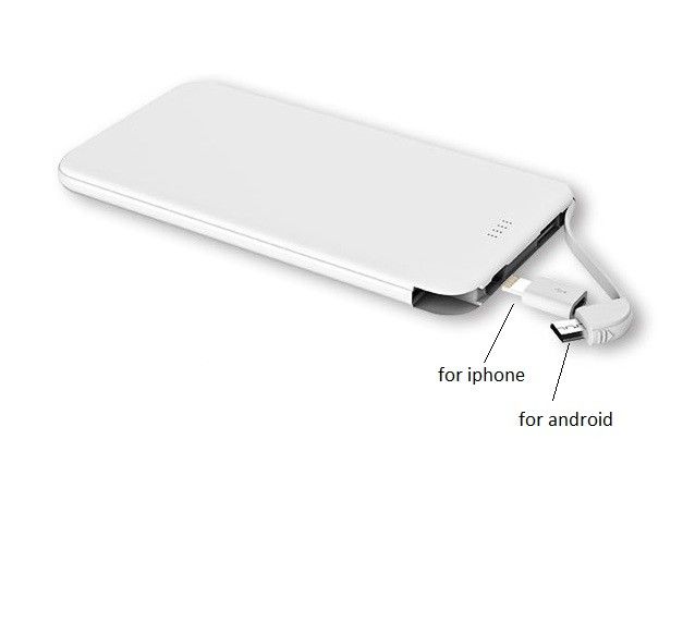 2019 Promotion gifts External Battery OEM logo Ultra Thin power bank 5000mah with built-in charging cable for iphone and android